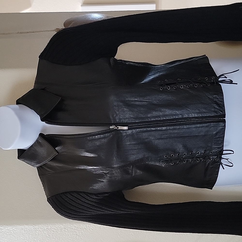 Leather & Wool Blend Knit Bikercore Moto Jacket Black size L - Picture 1 of 14